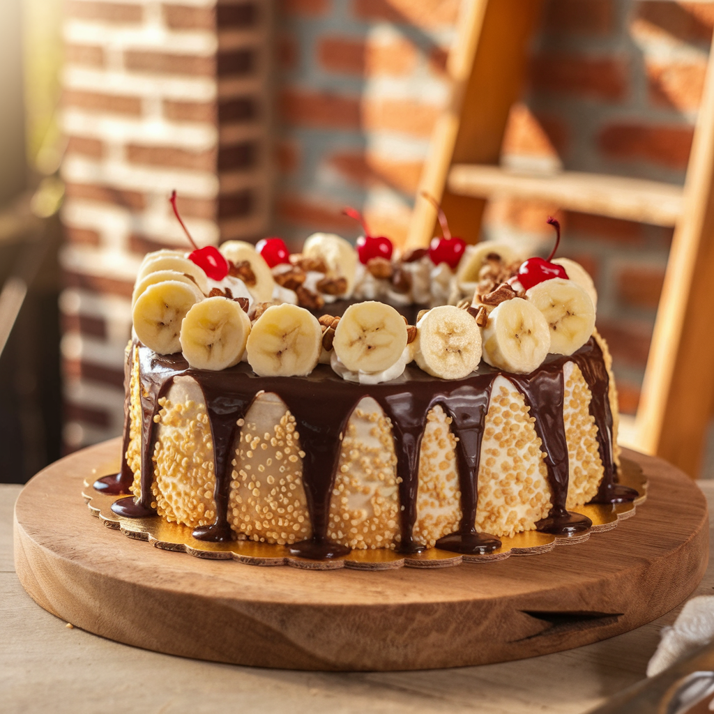 Layered Banana Split Cake with Chocolate Drizzle