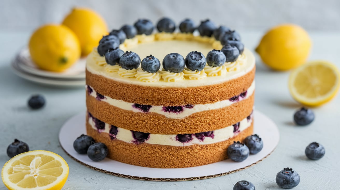 A freshly baked Lemon Blueberry Cake topped with a lemon glaze, garnished with fresh blueberries and lemon slices.