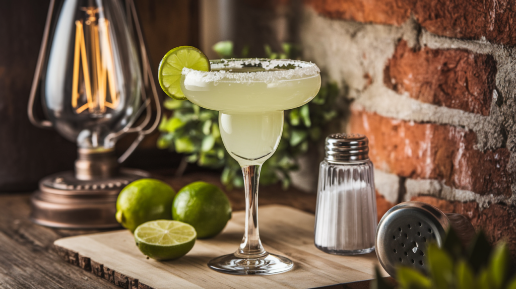 Glass of refreshing margarita made with homemade margarita mix, garnished with a lime wedge and a salted rim, sitting on a rustic wooden table.