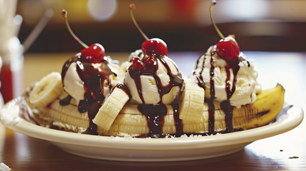 Traditional banana split made with vanilla, chocolate, and strawberry ice cream, topped with whipped cream, chocolate syrup, strawberry syrup, pineapple chunks, crushed nuts, and a maraschino cherry.