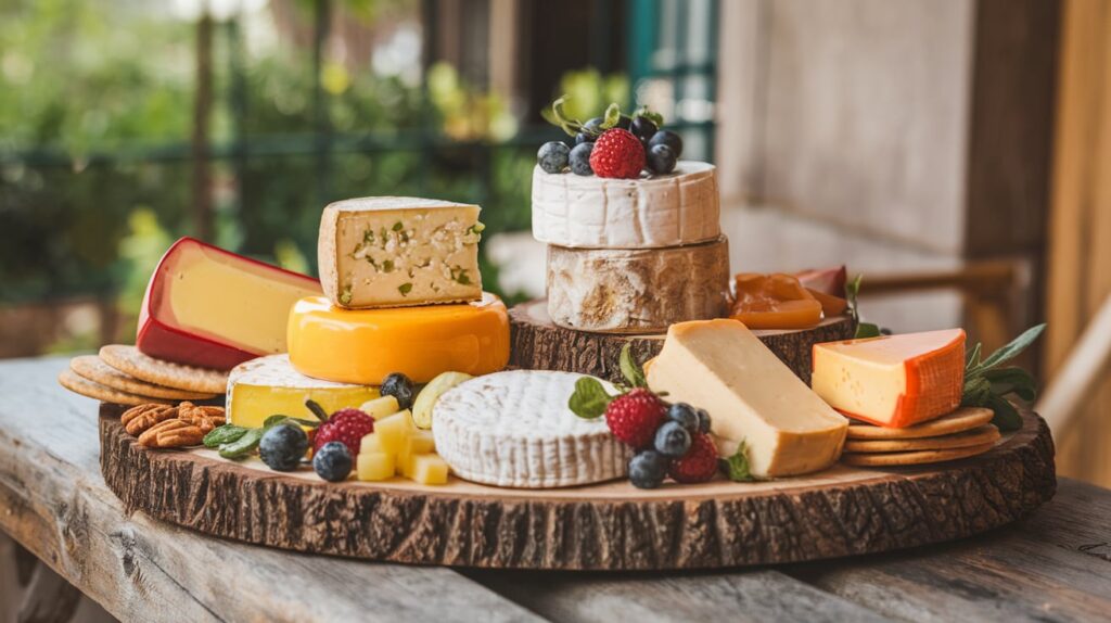 A display of homemade vegan cheese on a wooden board, surrounded by fresh ingredients like cashews, almonds, nutritional yeast, and herbs.