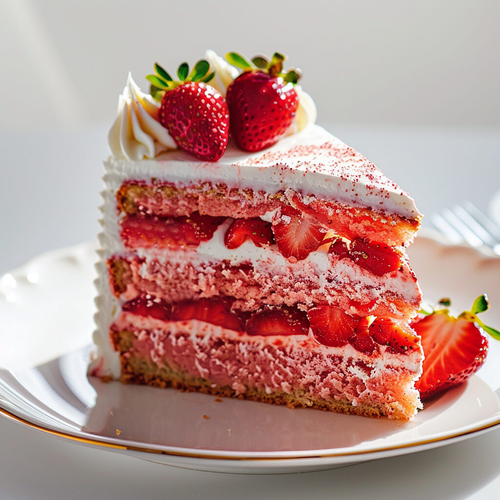 A beautifully decorated strawberry cake with fresh strawberries on top, made using a strawberry cake recipe.